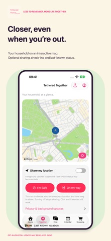 Tethered Together App Store screenshot showing optional household map sharing