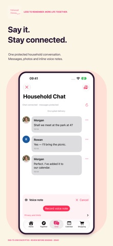 Tethered Home App Store screenshot showing encrypted household chat
